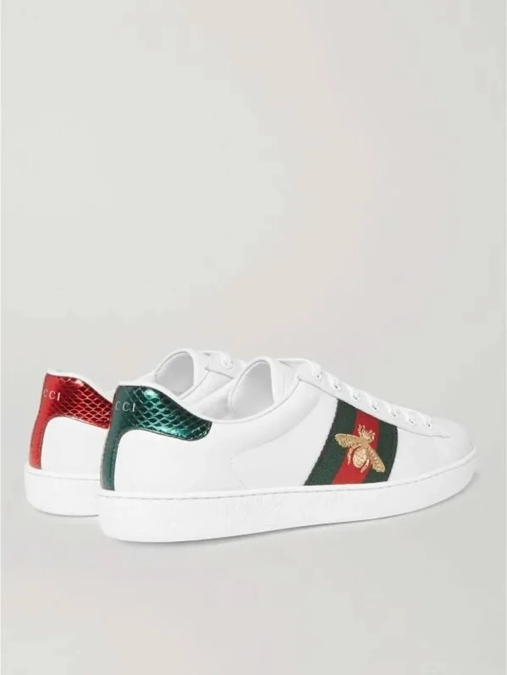 Gucci Men’s White Leather Ace Sneaker with Green-Red Web and Bee
